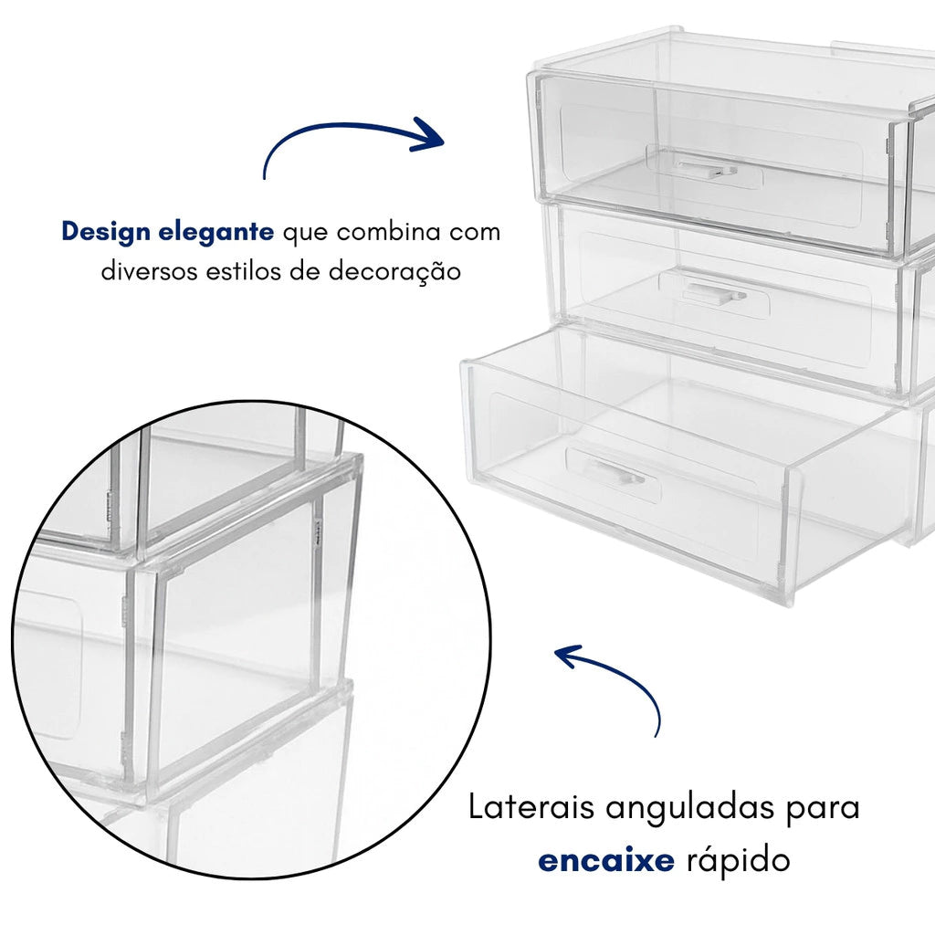 Kit 3 Gavetas Organizadoras Acrílico Modular Multiuso Escritório