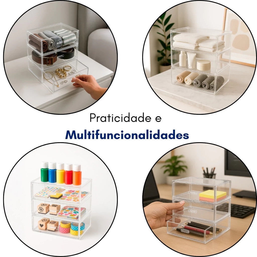 Kit 3 Gavetas Organizadoras Acrílico Modular Multiuso Escritório