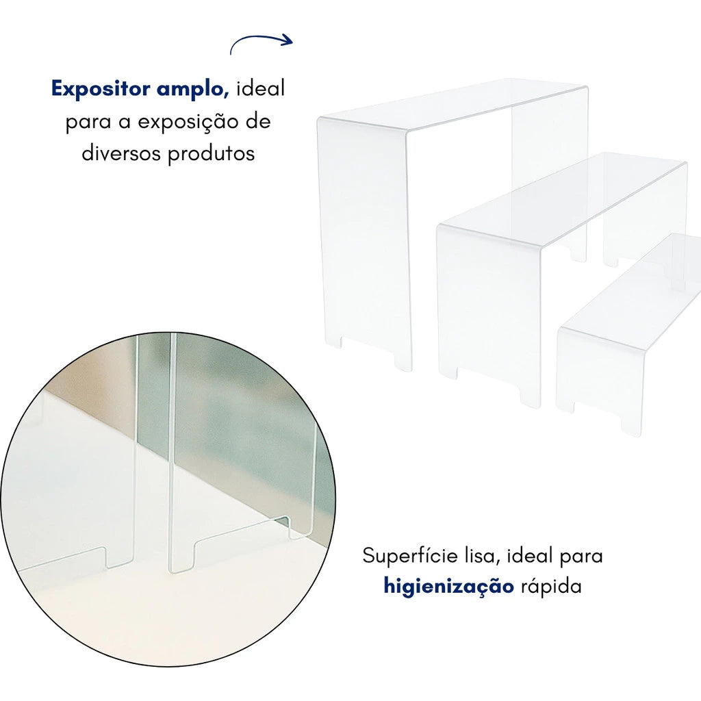 Kit 3 Expositores Acrílico para Loja Vitrine e Balcão Versátil