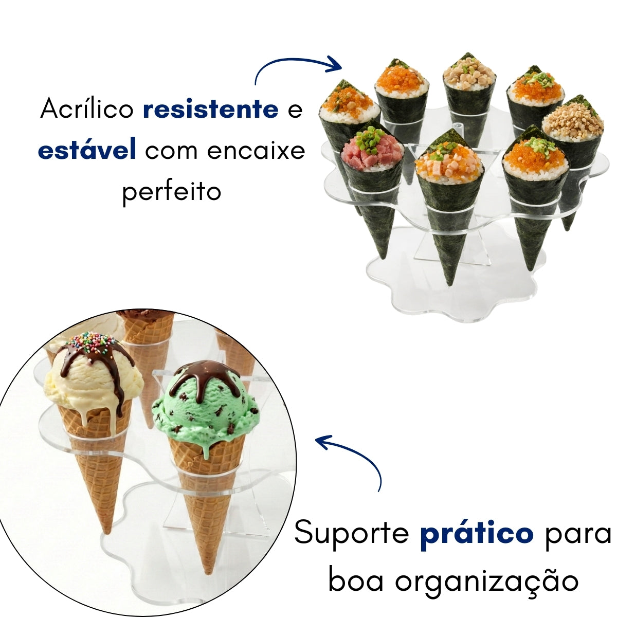 Suporte Expositor Temaki Sorvete Acrilico Cristal 8 Cones Redondo Estrela