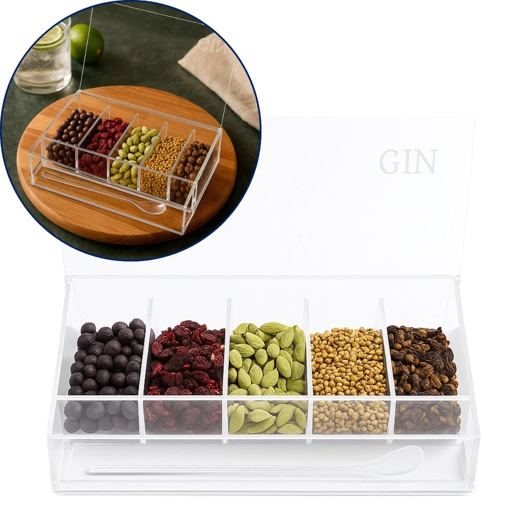Porta Especiarias Acrílico 5 Divisórias com Colher para Gin e Drinks