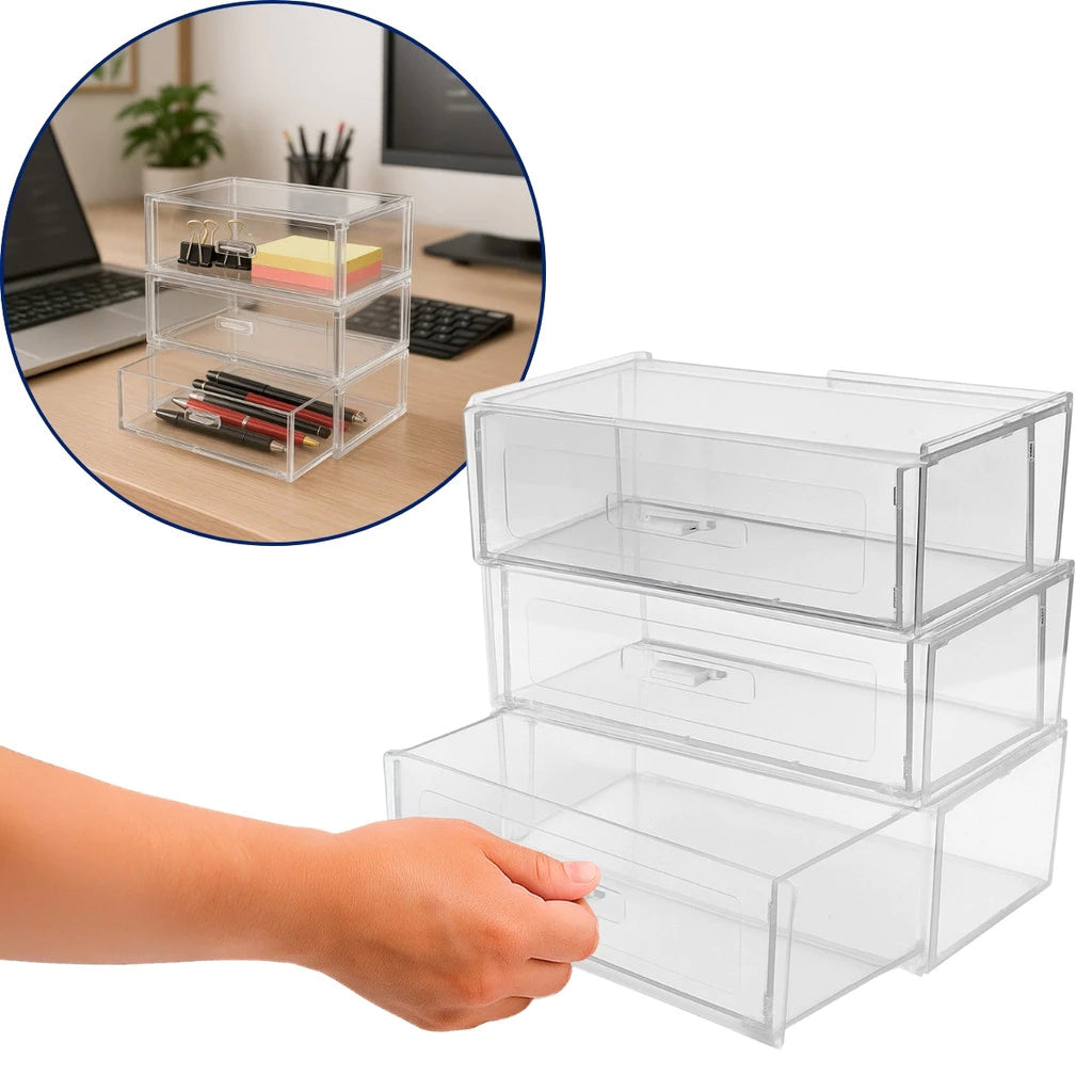 Kit 3 Gavetas Organizadoras Acrílico Modular Multiuso Escritório