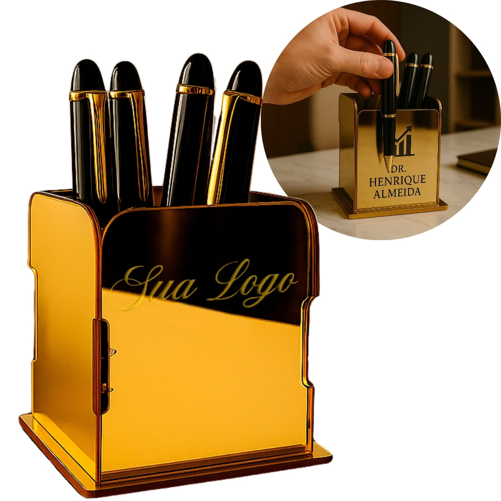 Porta Canetas Personalizado Luxo Dourado para Escritório ou Consultório