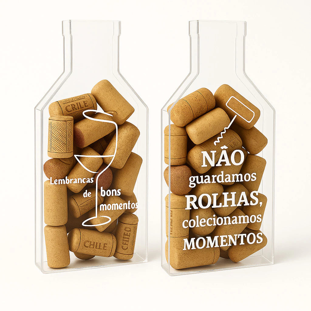 Suporte para Rolhas de Vinho em Acrílico Formato Garrafa – Decoração Cristal Transparente com Frases