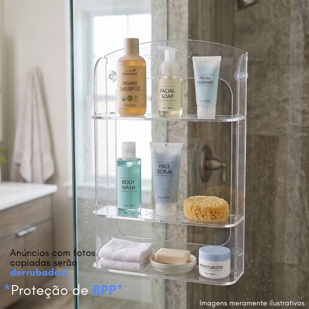 Organizador Shampoo Banheiro Box Ventosa Três Prateleiras Suporte Transparente Parede Sem Furos Higiene Cosméticos Condicionador Sabonete Esponja