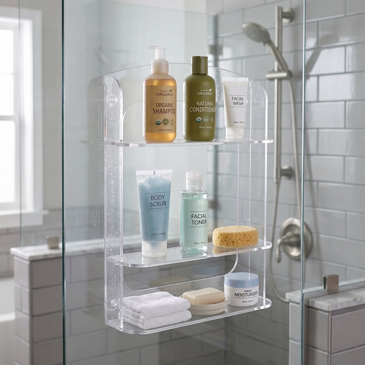 Organizador Shampoo Banheiro Box Ventosa Três Prateleiras Suporte Transparente Parede Sem Furos Higiene Cosméticos Condicionador Sabonete Esponja