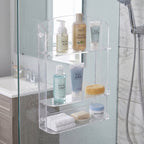 Organizador Shampoo Banheiro Box Ventosa Três Prateleiras Suporte Transparente Parede Sem Furos Higiene Cosméticos Condicionador Sabonete Esponja