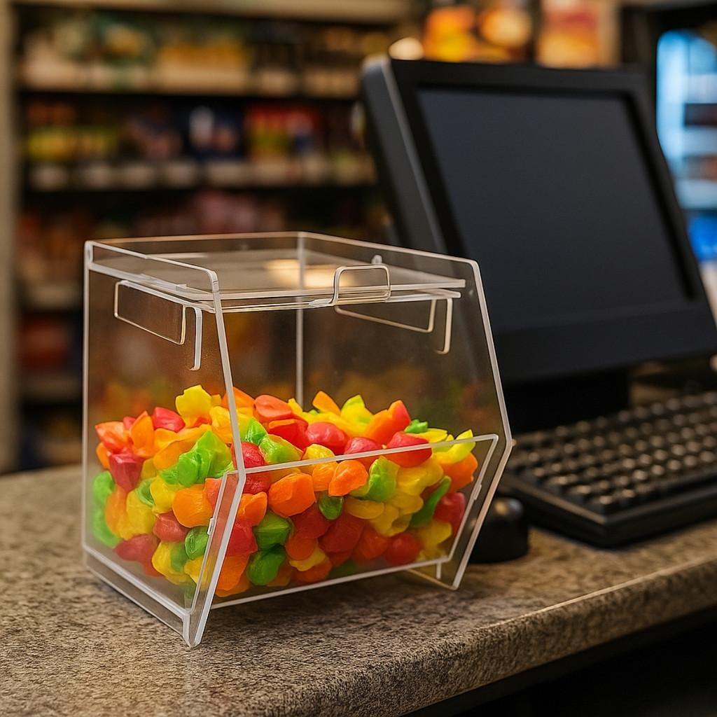 Baleiro Doces Balas Expositor Transparente Organização Comercial Residencial Armazenamento Guloseimas Bombons Chocolates Paçoca Pirulito Juju Marshmallow Festa Evento Loja Conveniência Padaria Mercado Balcão Vitrine Visual Limpo Acesso Rápido Tampa Proteç