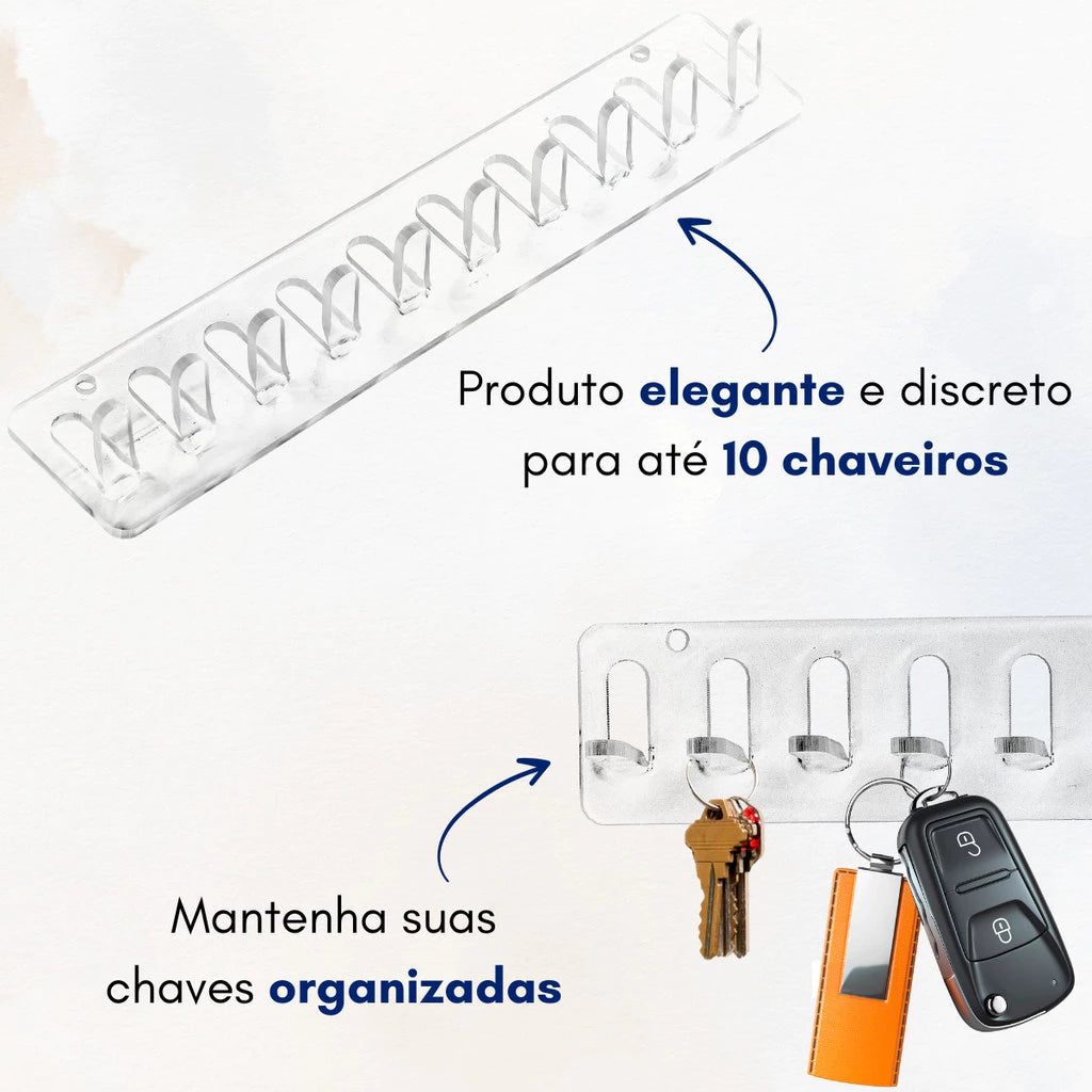 Porta Chave de Parede Acrílico 10 Ganchos Transparente e Moderno