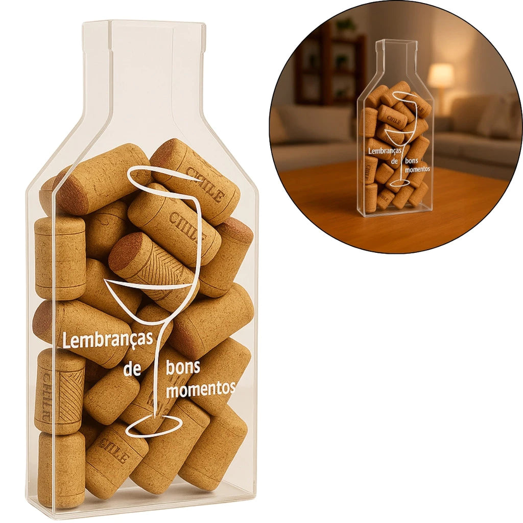 Suporte para Rolhas de Vinho em Acrílico Formato Garrafa – Decoração Cristal Transparente com Frases