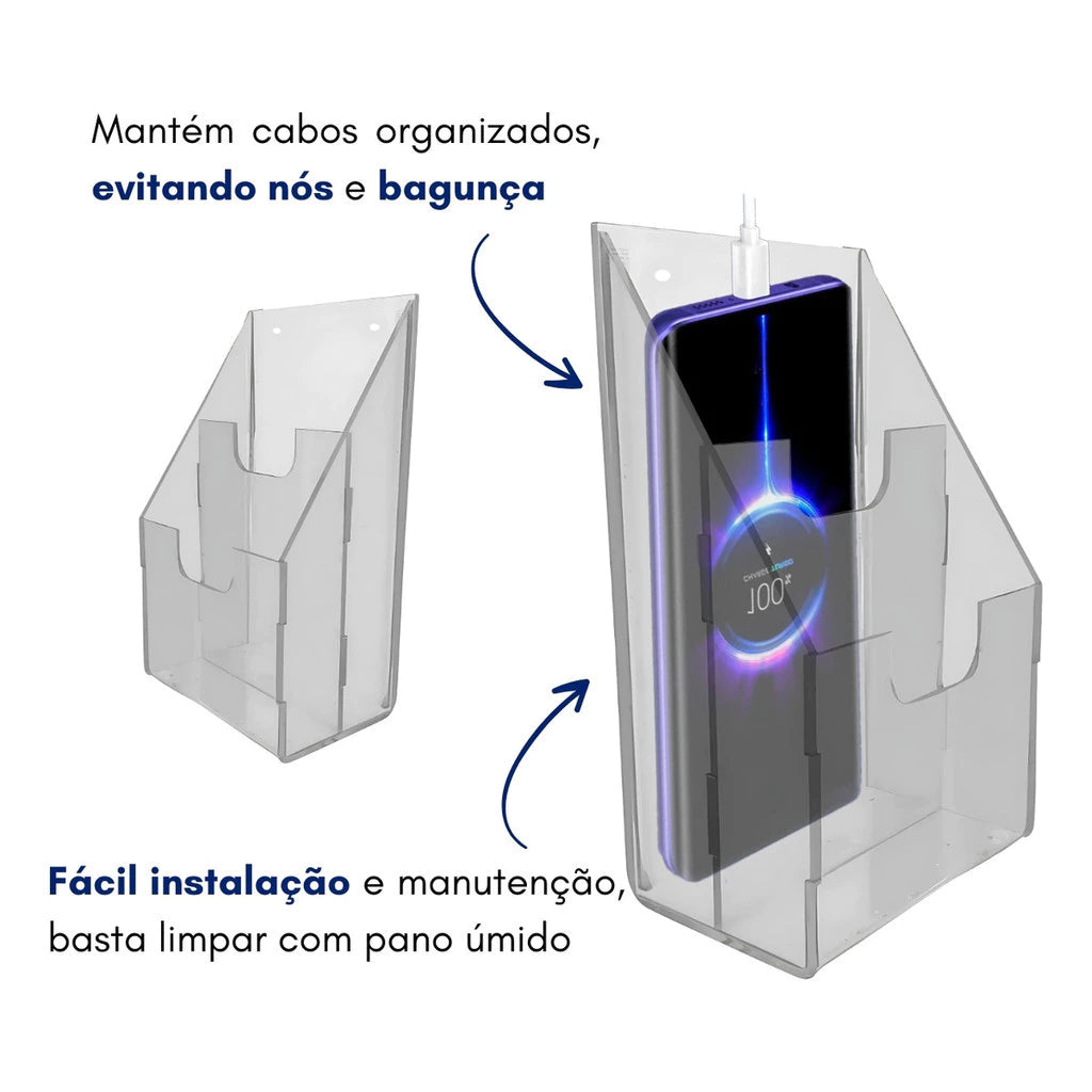 Suporte Acrílico de Parede para Celular com 2 Divisórias e Passa Fio