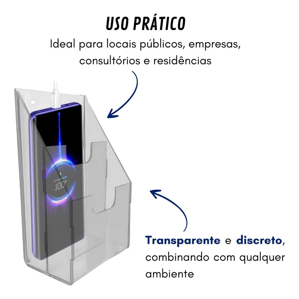 Suporte Acrílico de Parede para Celular com 2 Divisórias e Passa Fio
