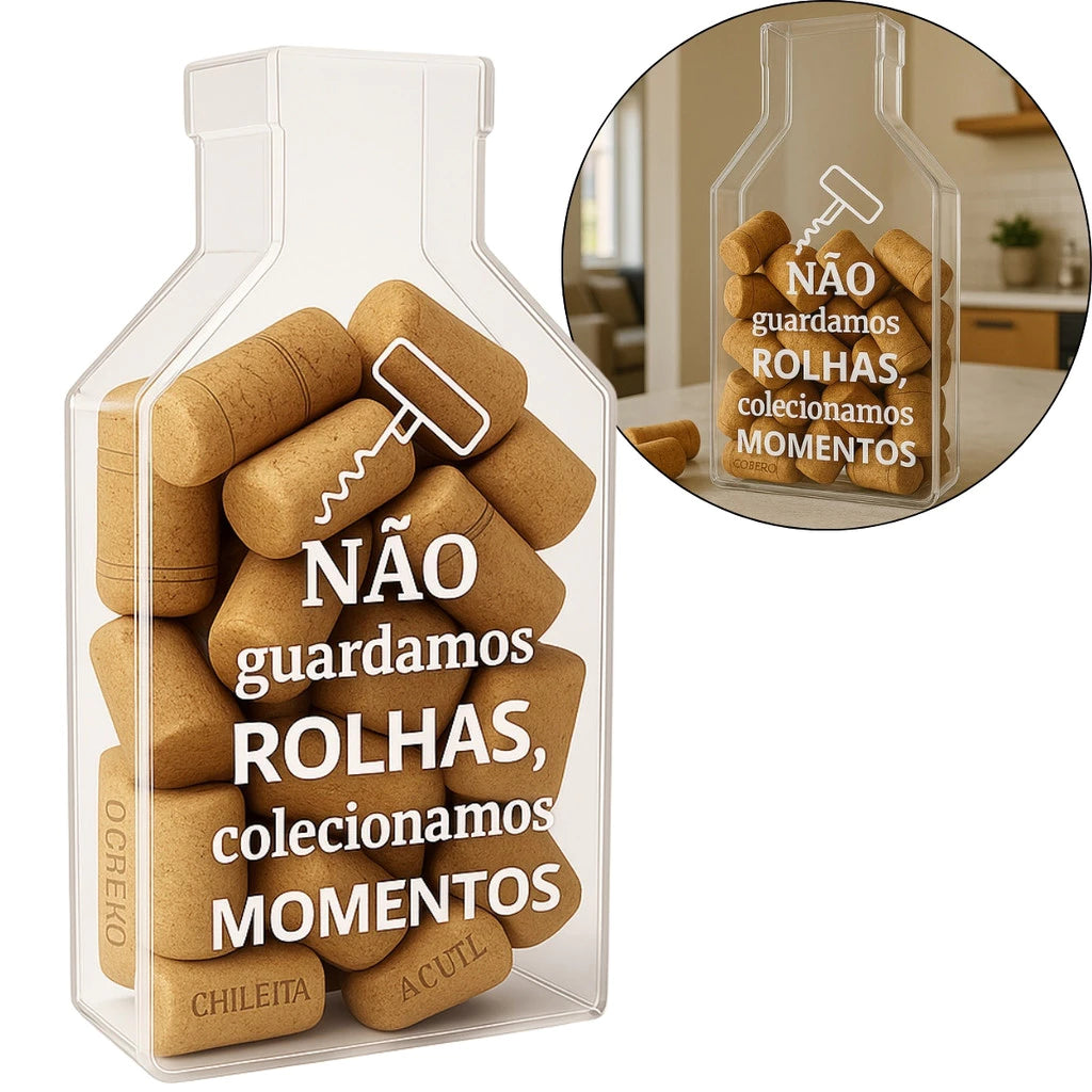 Suporte para Rolhas de Vinho em Acrílico Formato Garrafa – Decoração Cristal Transparente com Frases