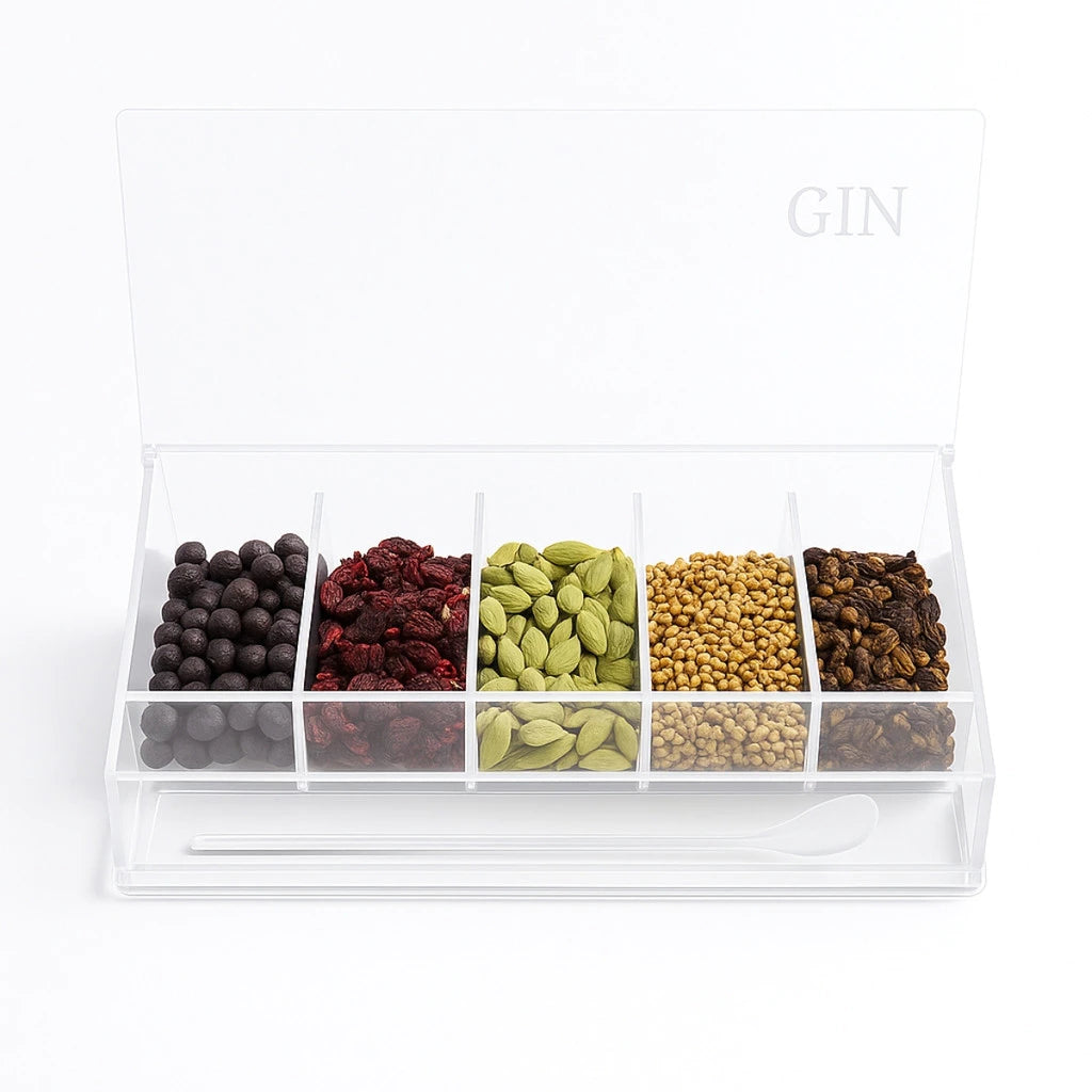 Porta Especiarias Acrílico 5 Divisórias com Colher para Gin e Drinks