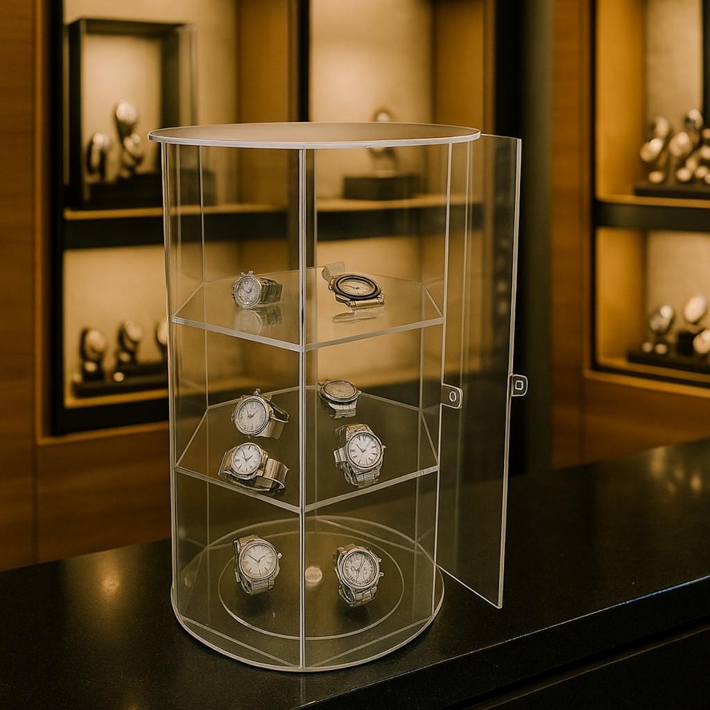 Carrossel Giratório Relógios Três Andares Expositor Premium Organização Coleção Luxo Armazenamento Vertical Base Estável Rotação Suave Acesso Rápido Visual Sofisticado Vitrine Doméstica Loja Joalheria Closet Mesa Bancada Design Funcional Alta Capacidade P