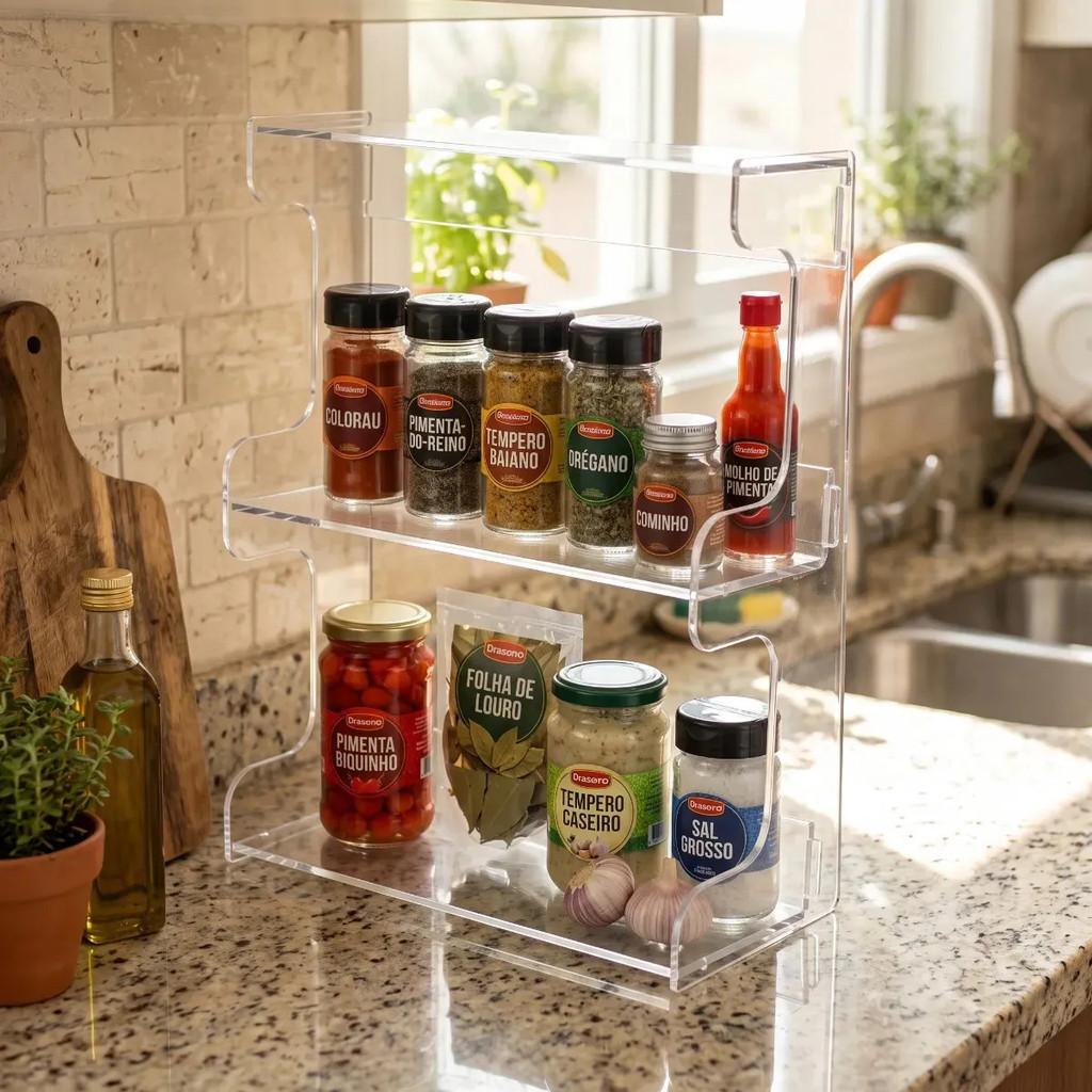 Suporte Organizador Temperos Cozinha Bancada PrateleiraMultiuso Nicho Compacto Casa Moderna Mantém Ingredientes Visíveis Arrumados Decoração Funcional Cozinha Gourmet Armazenamento Sal Pimenta Ervas Molhos