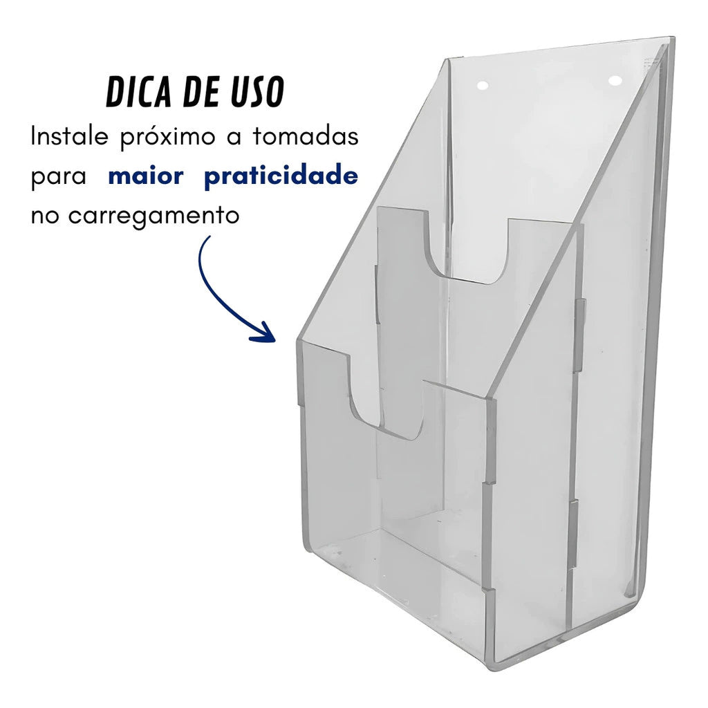 Suporte Acrílico de Parede para Celular com 2 Divisórias e Passa Fio
