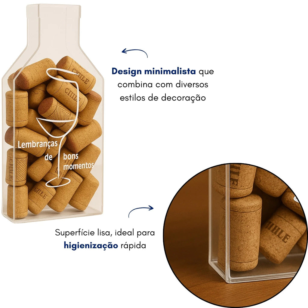 Suporte para Rolhas de Vinho em Acrílico Formato Garrafa – Decoração Cristal Transparente com Frases