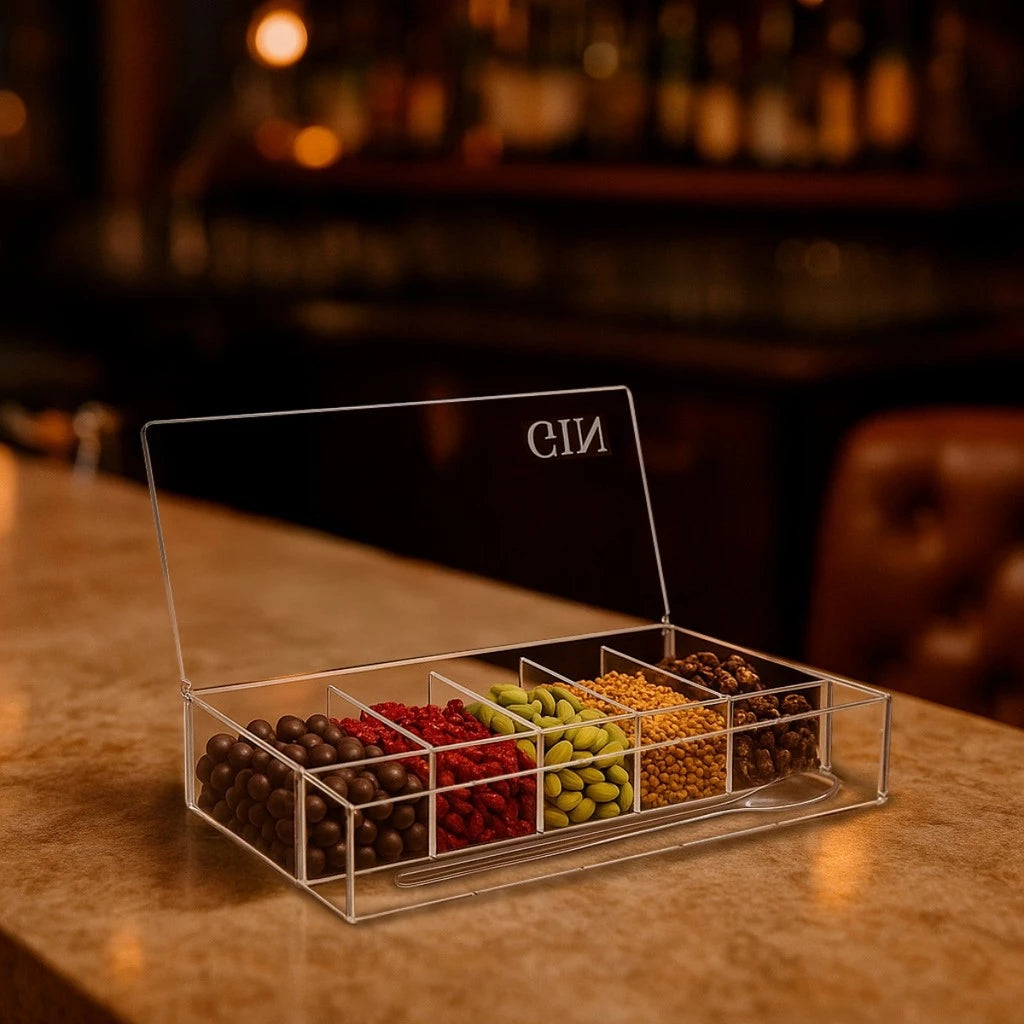 Porta Especiarias Acrílico 5 Divisórias com Colher para Gin e Drinks