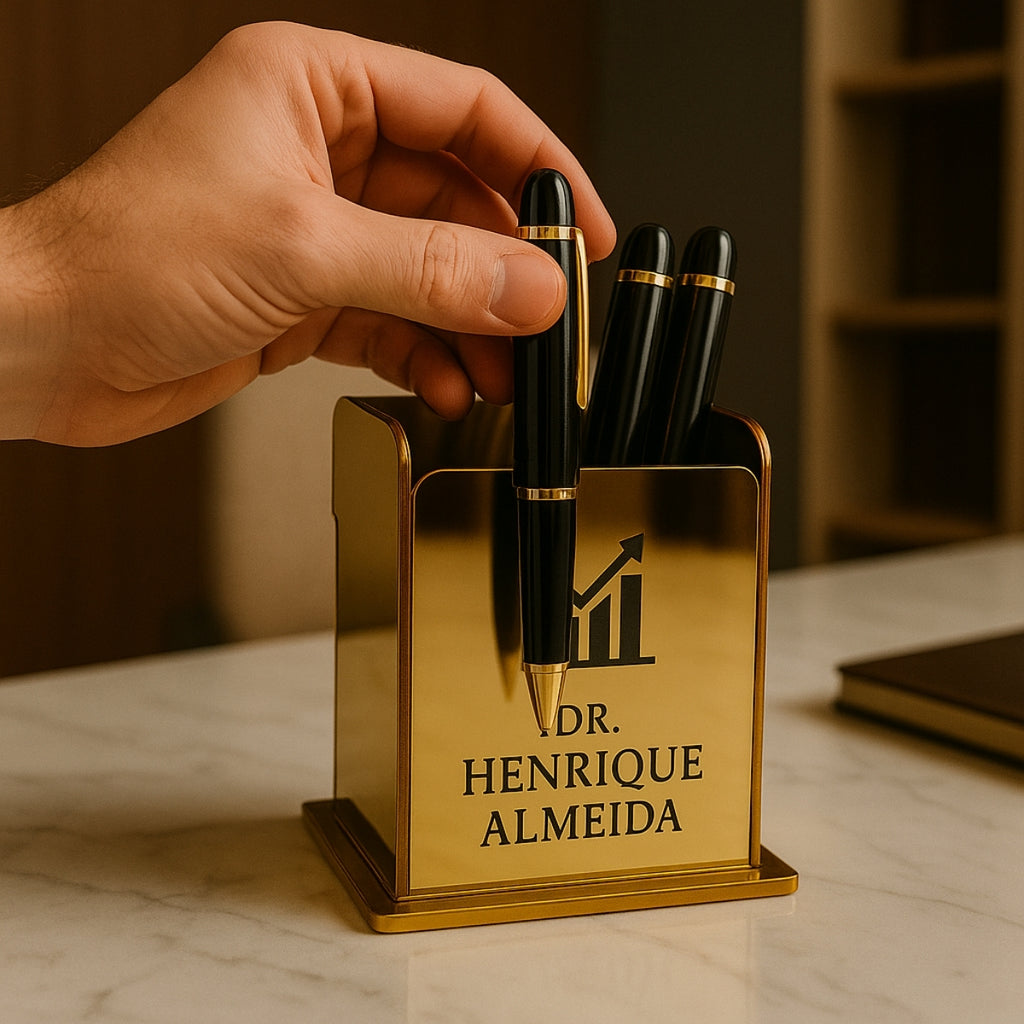 Porta Canetas Personalizado Luxo Dourado para Escritório ou Consultório
