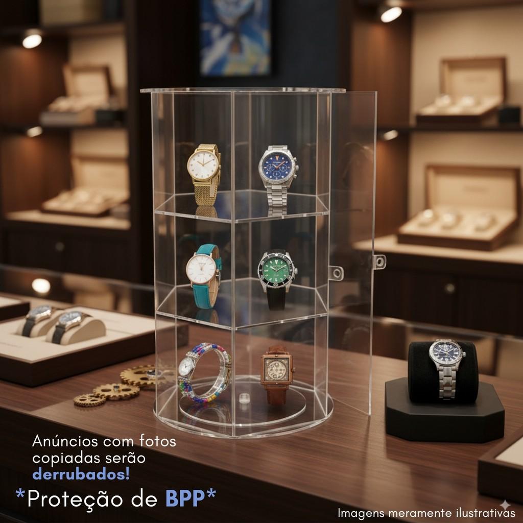 Carrossel Giratório Relógios Três Andares Expositor Premium Organização Coleção Luxo Armazenamento Vertical Base Estável Rotação Suave Acesso Rápido Visual Sofisticado Vitrine Doméstica Loja Joalheria Closet Mesa Bancada Design Funcional Alta Capacidade P