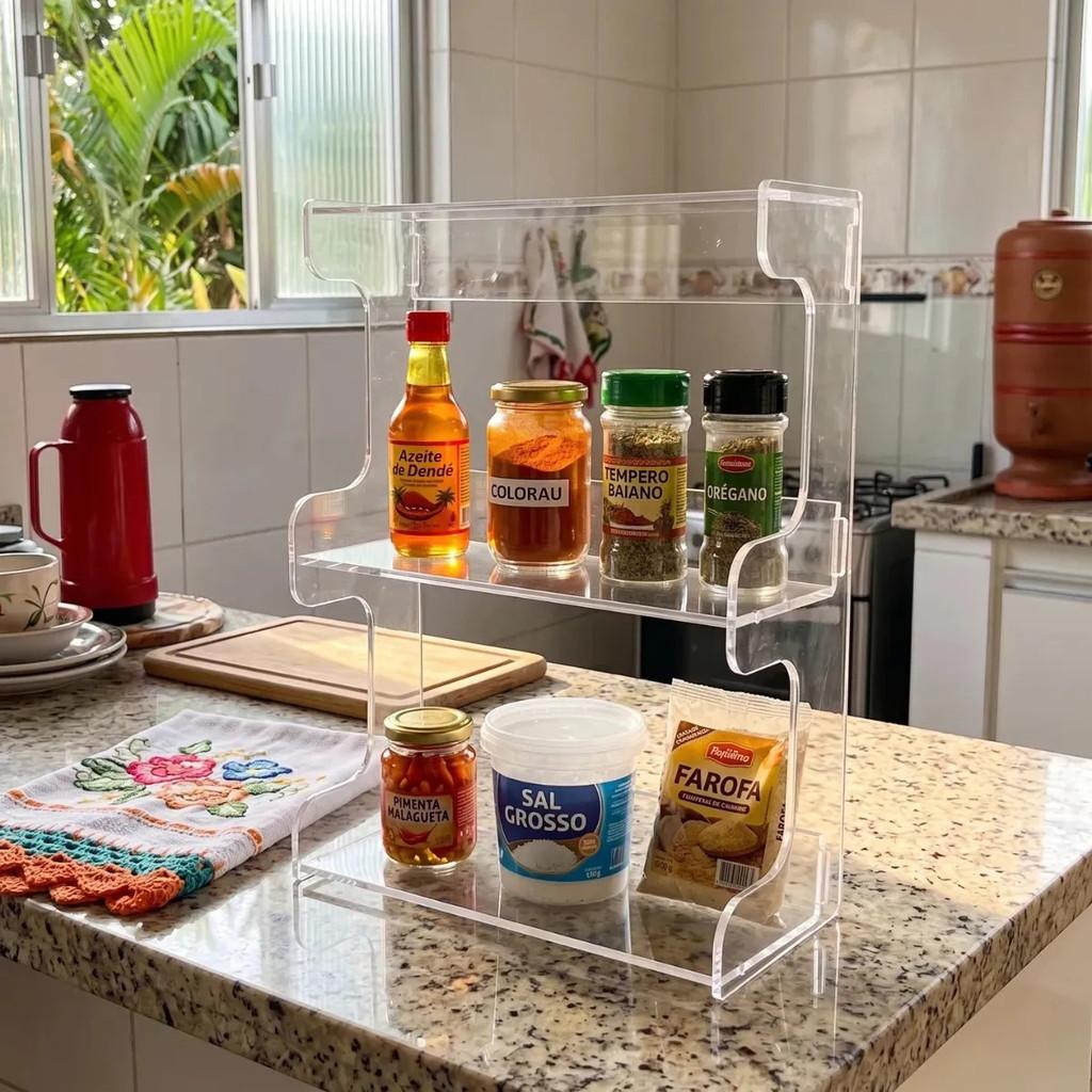 Suporte Organizador Temperos Cozinha Bancada PrateleiraMultiuso Nicho Compacto Casa Moderna Mantém Ingredientes Visíveis Arrumados Decoração Funcional Cozinha Gourmet Armazenamento Sal Pimenta Ervas Molhos