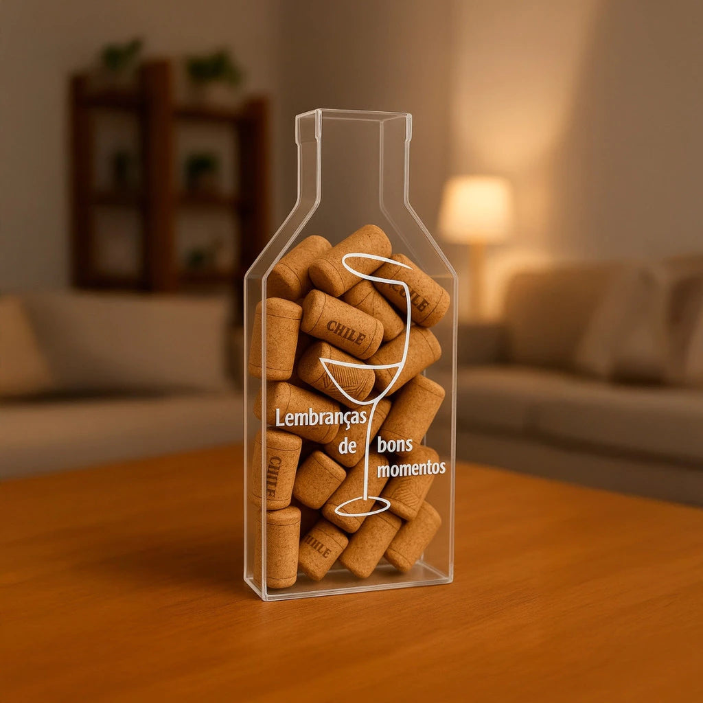 Suporte para Rolhas de Vinho em Acrílico Formato Garrafa – Decoração Cristal Transparente com Frases