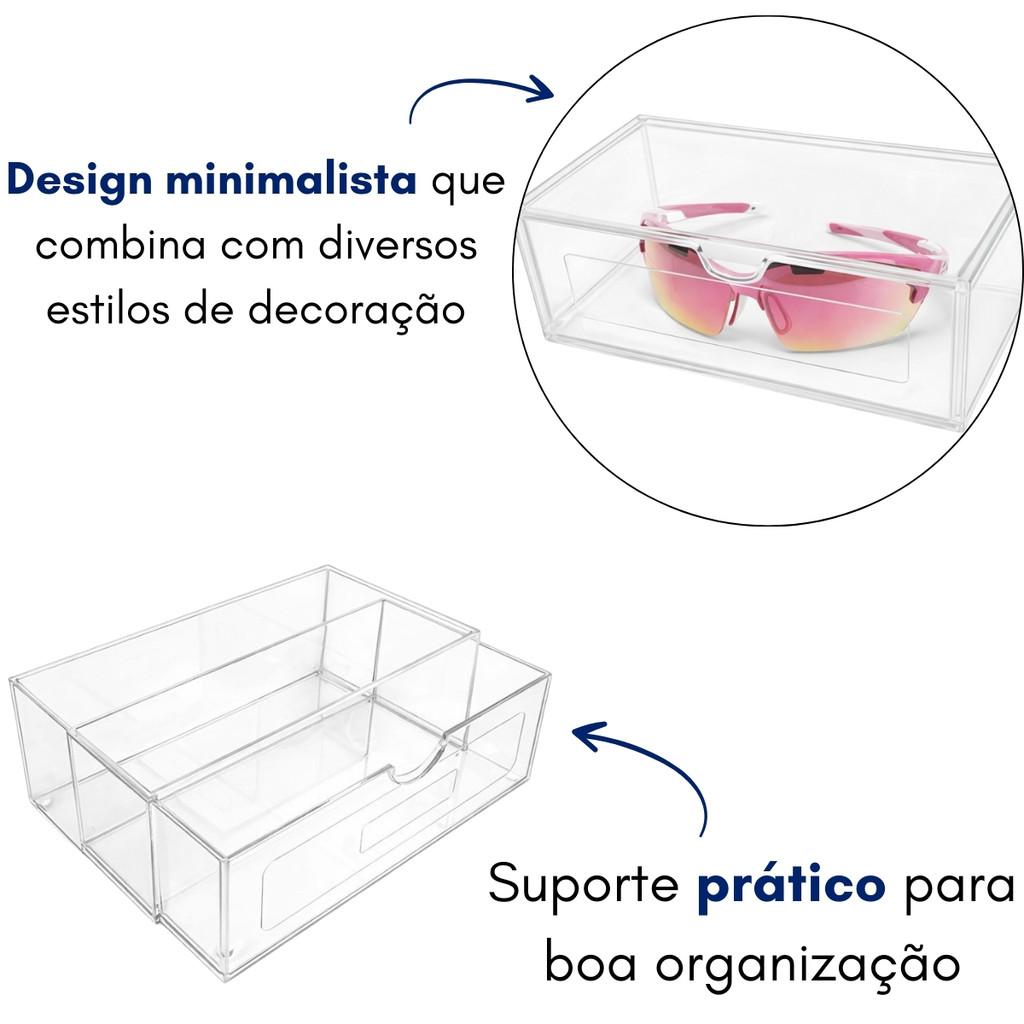 Caixa Porta Óculos Transparente Luxo Design Moderno Organização Residencial Proteção Lentes Acessórios Ópticos Armazenamento Seguro Estilo Minimalista Uso Diário Exposição Elegante Bancada Gaveta Closet Quarto Escritório Durabilidade Acabamento Premium