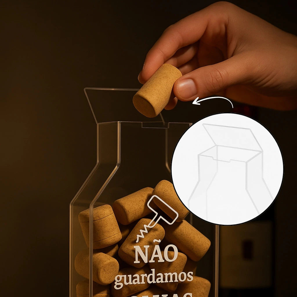 Suporte para Rolhas de Vinho em Acrílico Formato Garrafa – Decoração Cristal Transparente com Frases