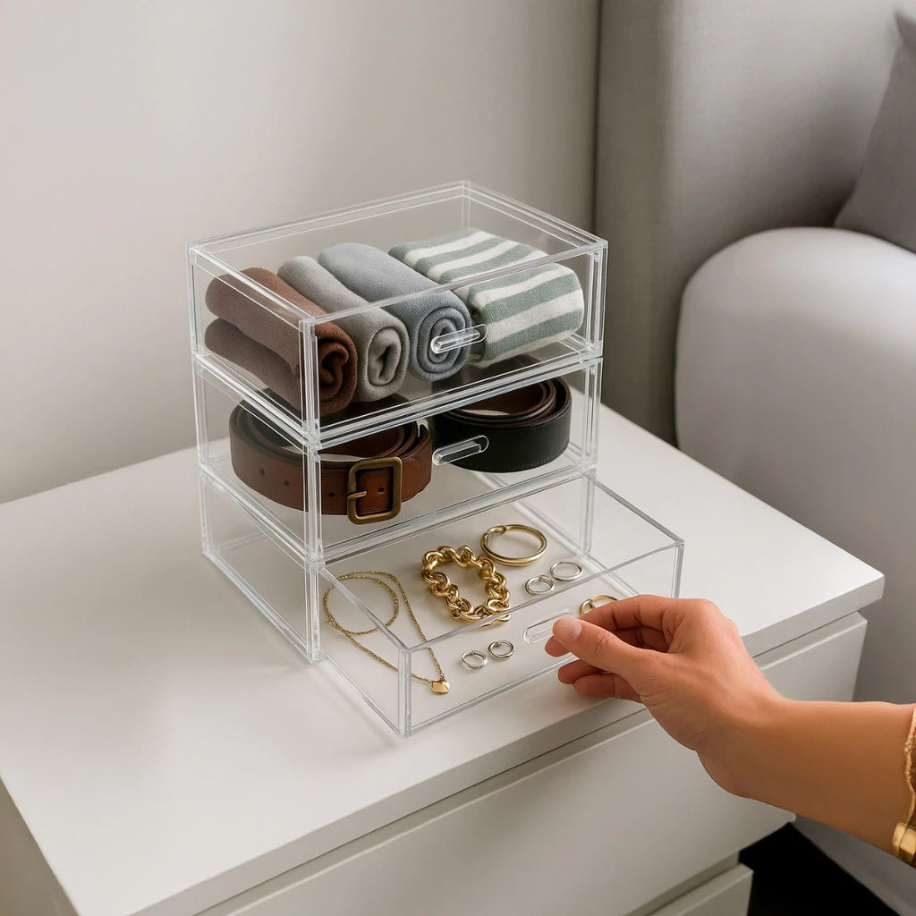 Kit 3 Gavetas Organizadoras Acrílico Modular Multiuso Escritório