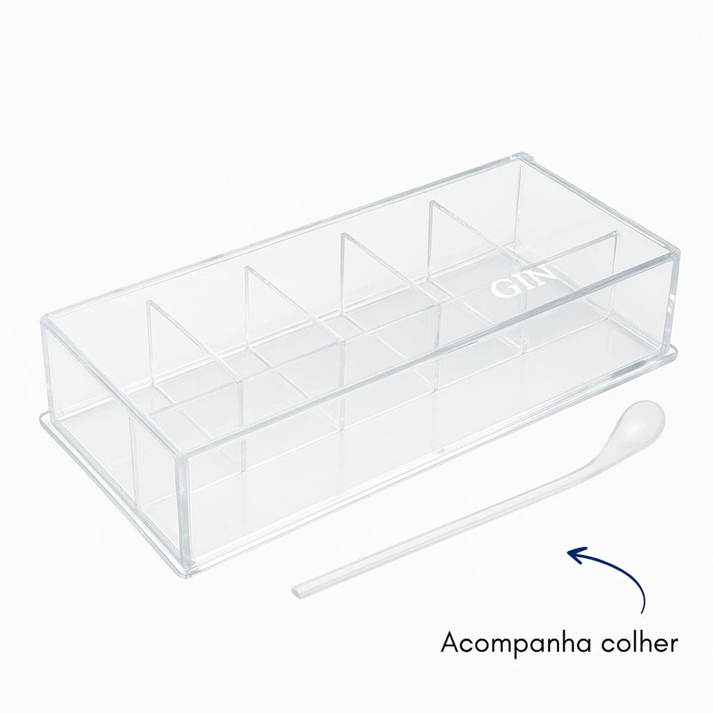 Porta Especiarias Acrílico 5 Divisórias com Colher para Gin e Drinks