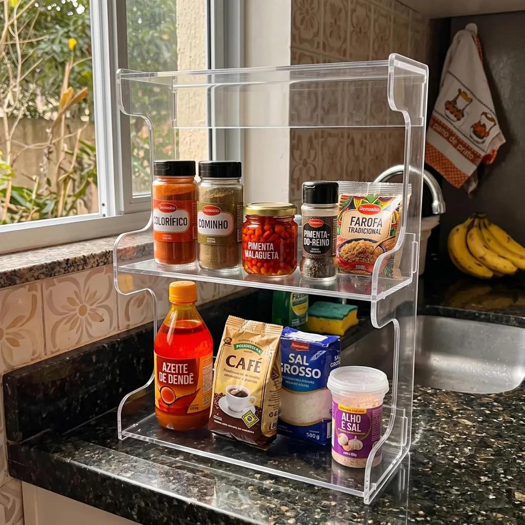 Suporte Organizador Temperos Cozinha Bancada PrateleiraMultiuso Nicho Compacto Casa Moderna Mantém Ingredientes Visíveis Arrumados Decoração Funcional Cozinha Gourmet Armazenamento Sal Pimenta Ervas Molhos