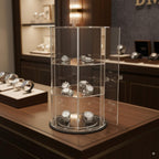 Carrossel Giratório Relógios Três Andares Expositor Premium Organização Coleção Luxo Armazenamento Vertical Base Estável Rotação Suave Acesso Rápido Visual Sofisticado Vitrine Doméstica Loja Joalheria Closet Mesa Bancada Design Funcional Alta Capacidade P