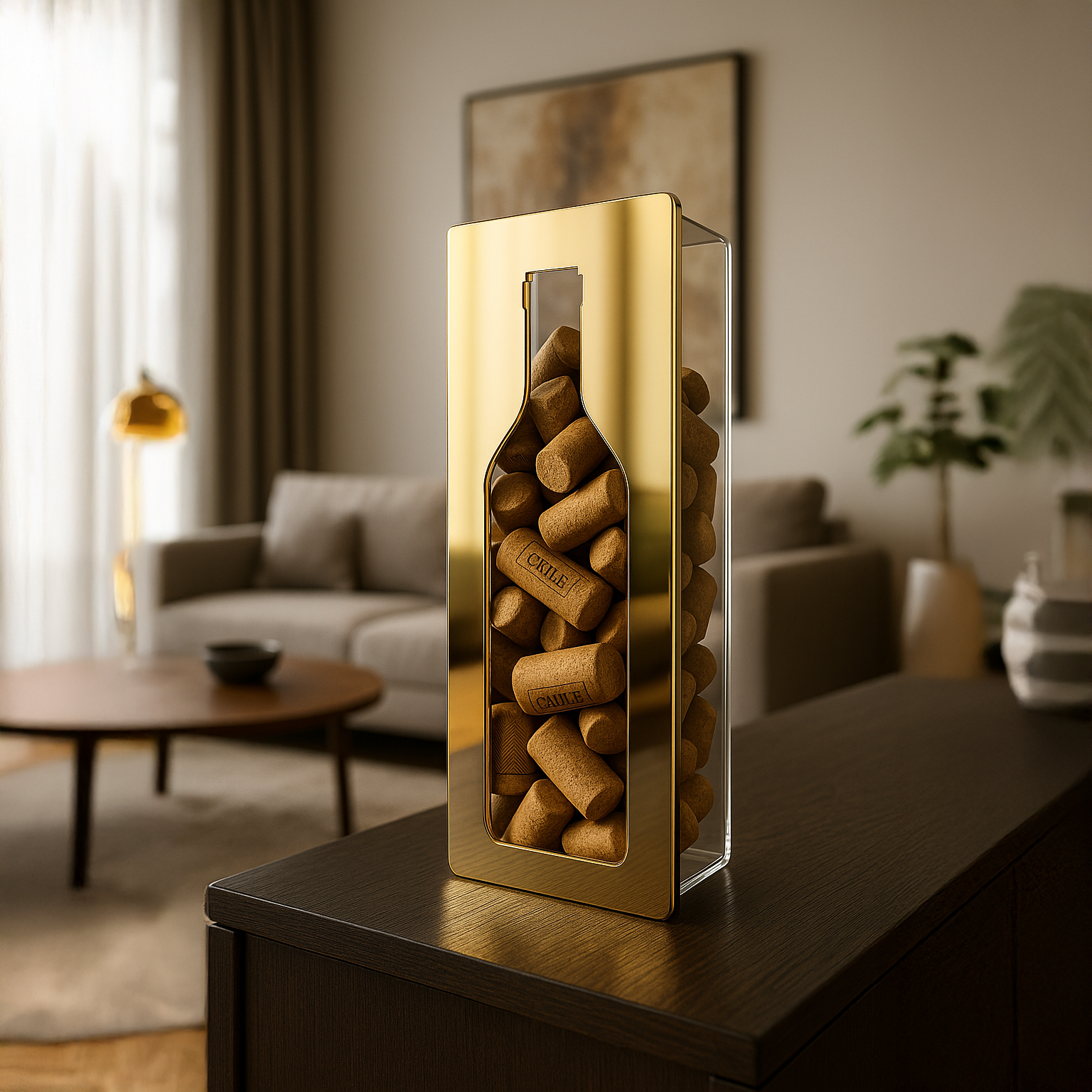 Guarda Rolhas de Acrílico Espelhado Dourado – Decoração Sofisticada para Cozinha ou Bar | Suporte para Rolhas de Vinho