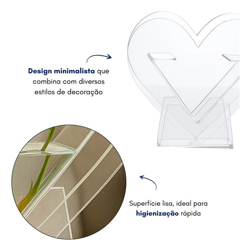 Arranjo Centro Mesa Coração Vaso Flores Acrilico Festa Decor