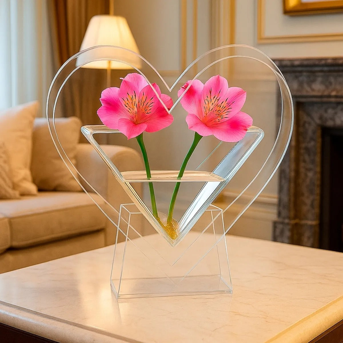 Arranjo Centro Mesa Coração Vaso Flores Acrilico Festa Decor