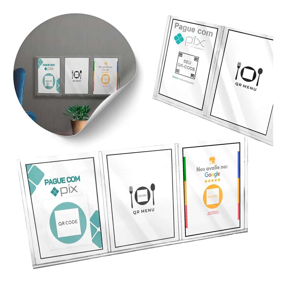 Porta 3 Folheto A6 Expositor Display Pix Qr Code Menu Balcão