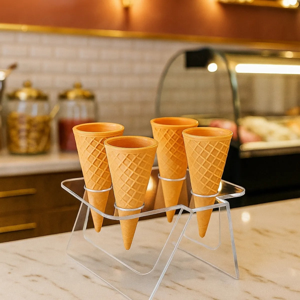 Expositor Temaki Sorvete Suporte Duplo Cristal 4 Cones