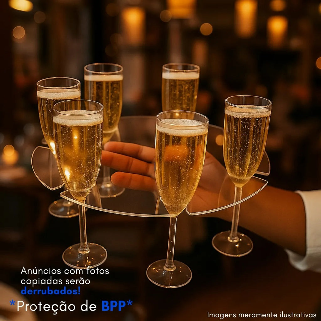 Bandeja Garçom 6 Taças Suporte Furo Apoio Dedo Evento Festa