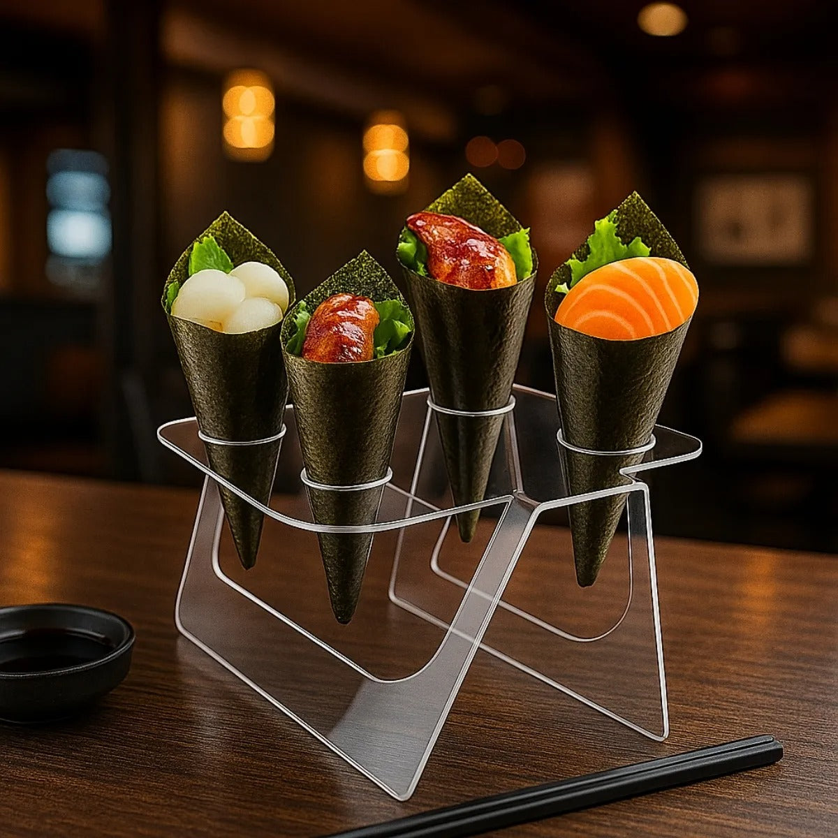 Expositor Temaki Sorvete Suporte Duplo Cristal 4 Cones