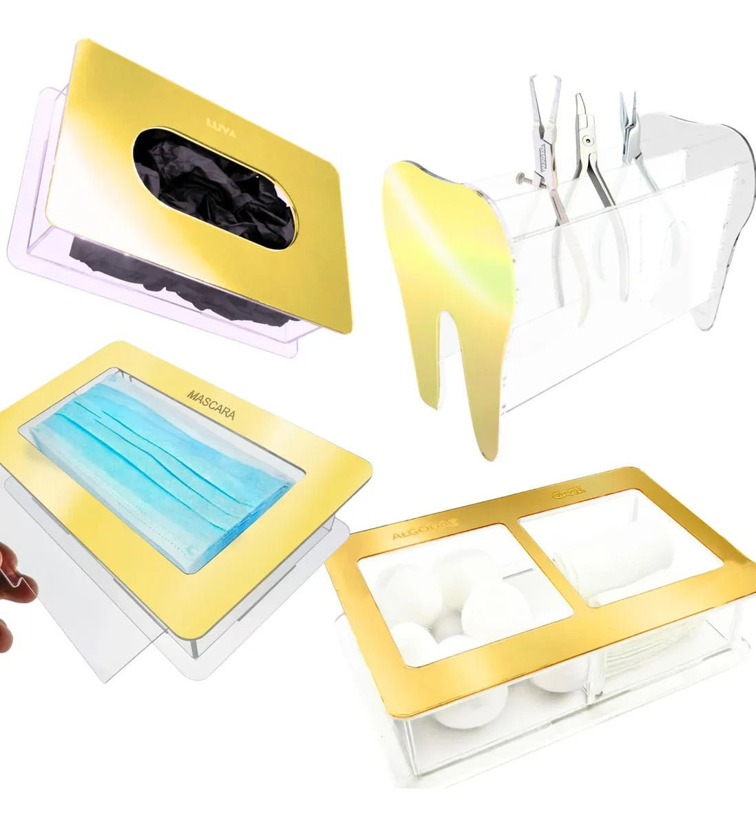 Kit Clinica Porta Alicate Gaze Algodão Mascara Luva Dourado