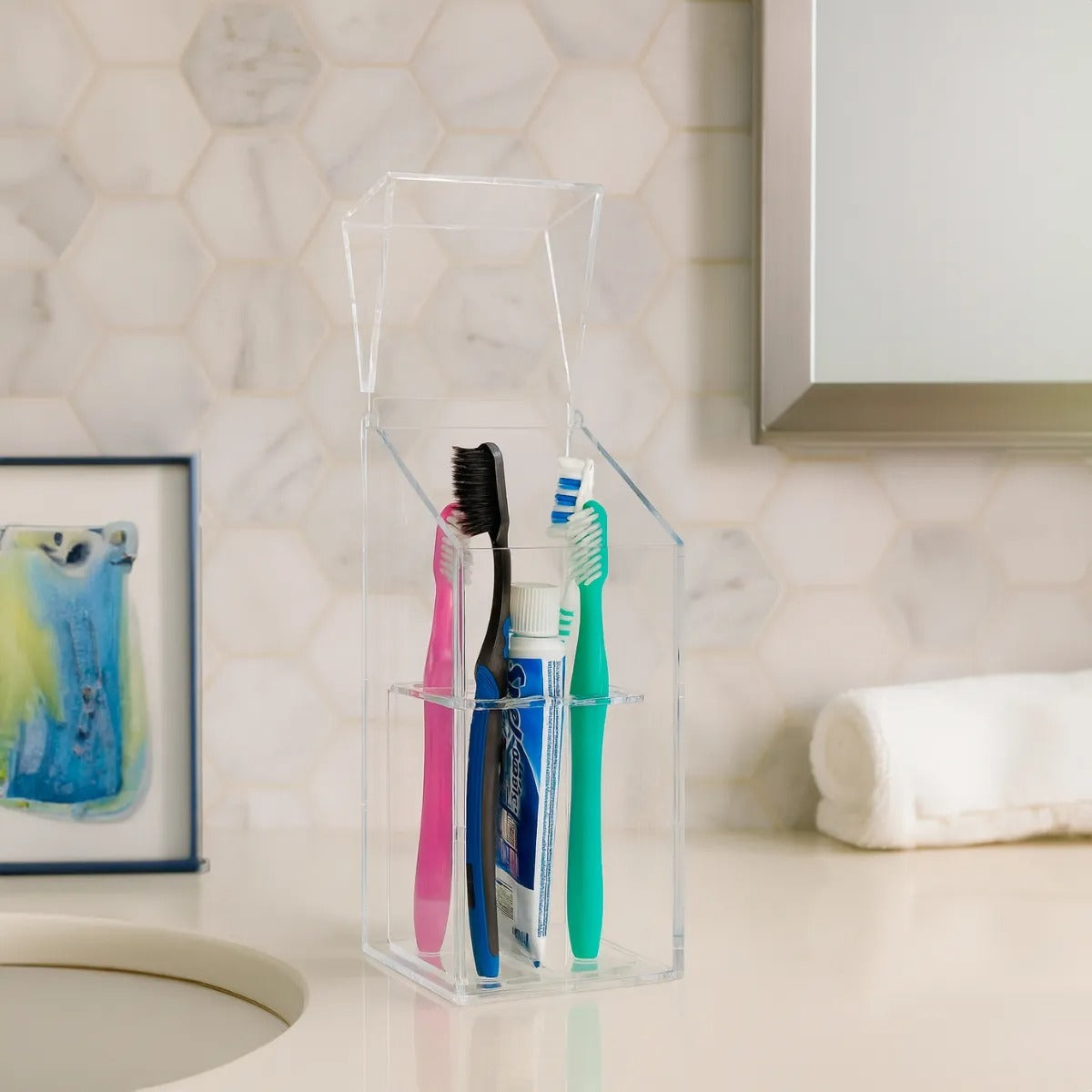 Organizador Porta Escova De Dente Com Tampa Bancada Banheiro