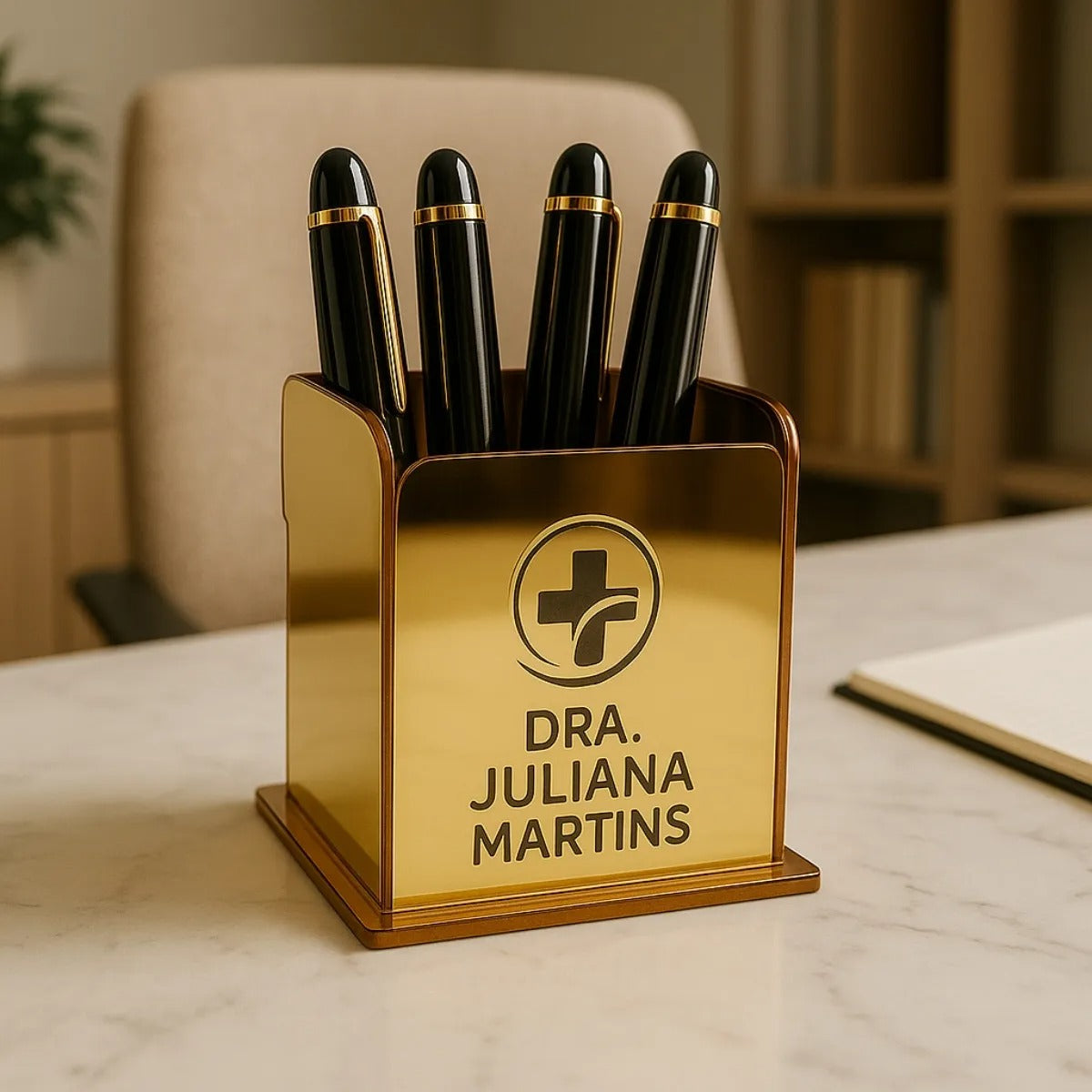 Porta Canetas Personalizado Luxo Dourado para Escritório ou Consultório