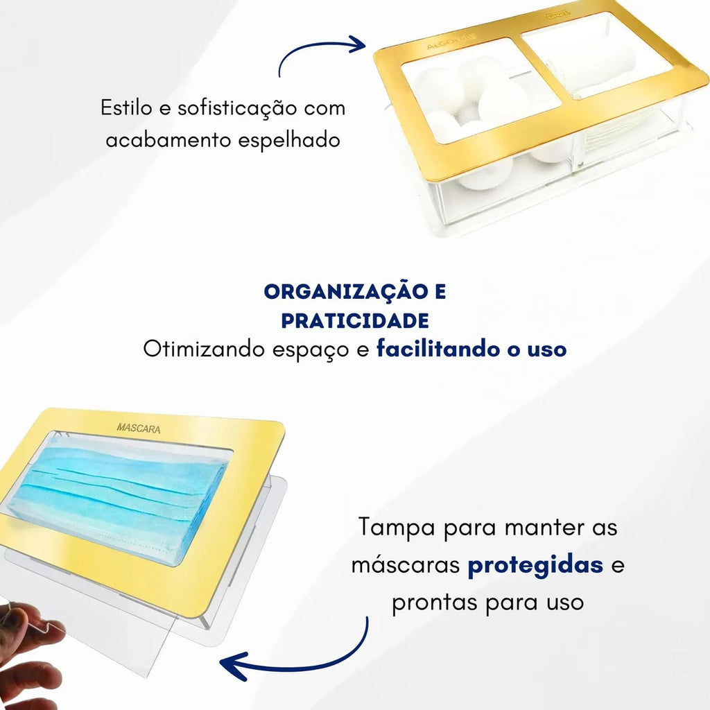 Kit Clinica Porta Alicate Gaze Algodão Mascara Luva Dourado