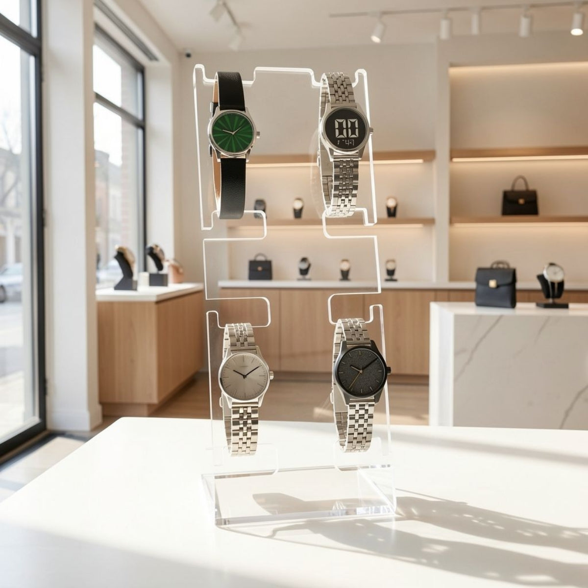 Suporte 4 Relógios Expositor Porta Loja Bancada Loja Vitrine