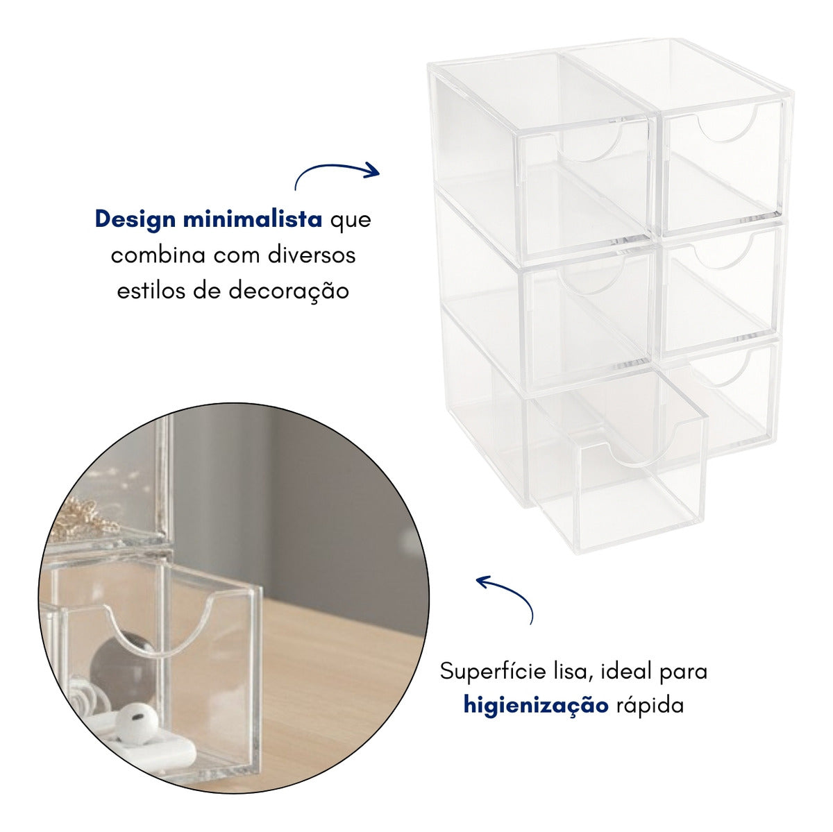 Caixa Objetos Porta Treco Presilha Acrílico 6 Gaveta Cristal Cor Branco