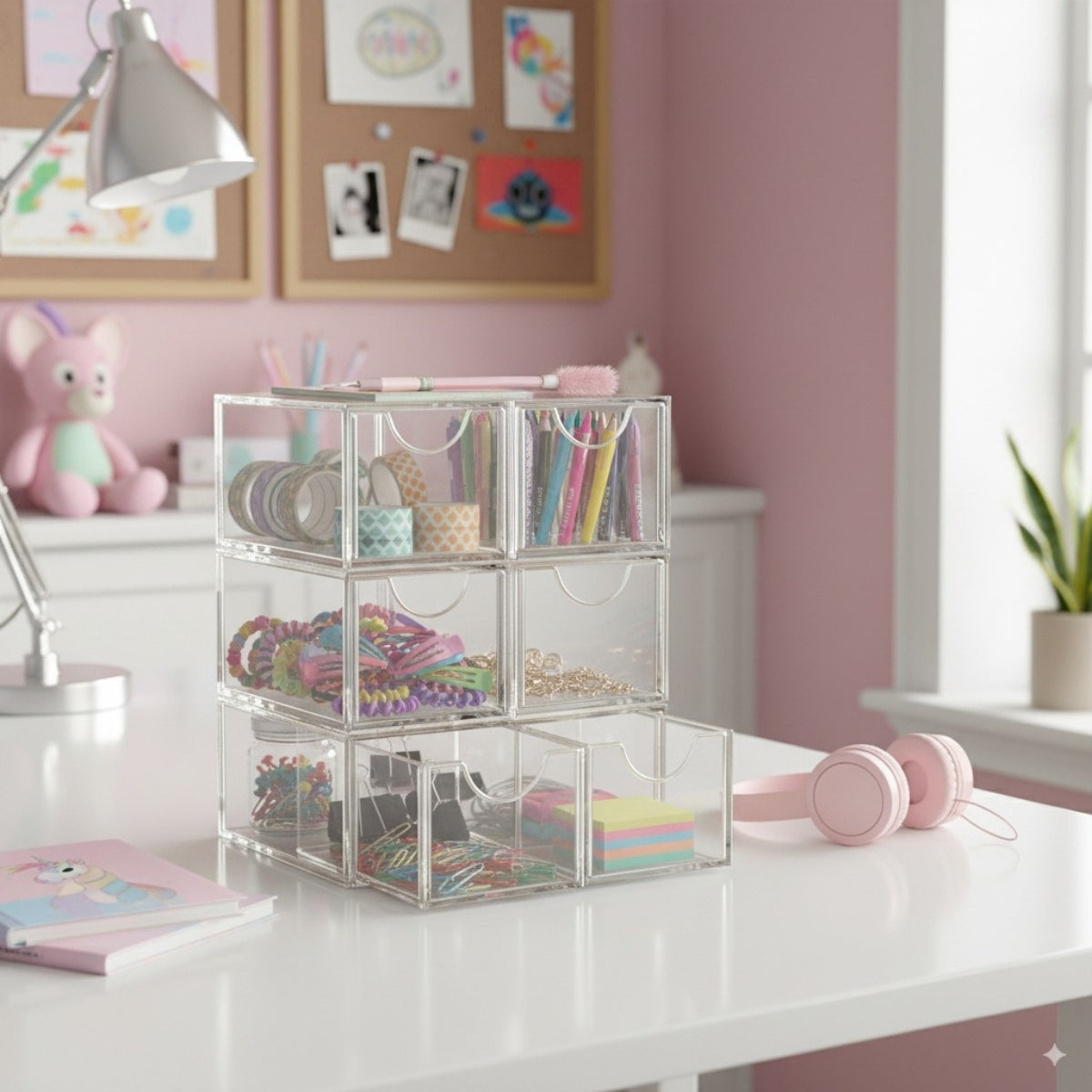 Caixa Objetos Porta Treco Presilha Acrílico 6 Gaveta Cristal Cor Branco