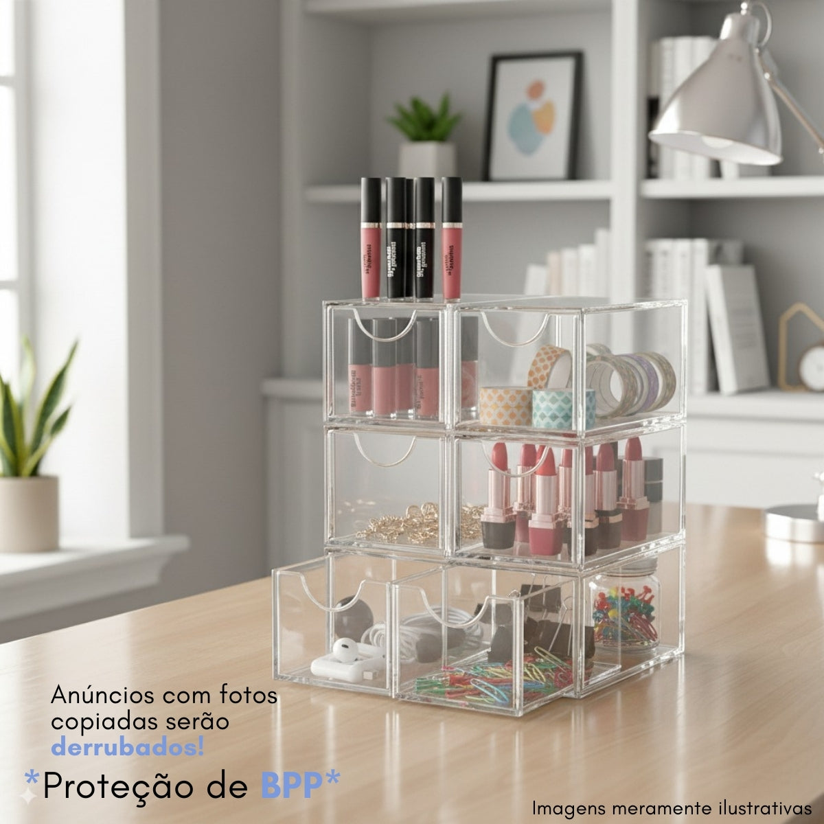 Caixa Objetos Porta Treco Presilha Acrílico 6 Gaveta Cristal Cor Branco