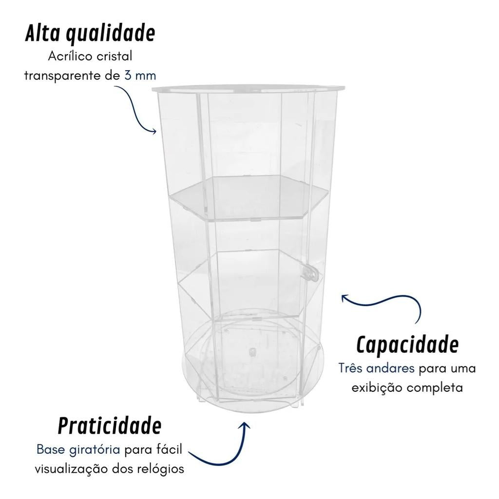 Carrossel Giratório Relógios Três Andares Expositor Premium Organização Coleção Luxo Armazenamento Vertical Base Estável Rotação Suave Acesso Rápido Visual Sofisticado Vitrine Doméstica Loja Joalheria Closet Mesa Bancada Design Funcional Alta Capacidade P