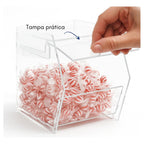 Baleiro Doces Balas Expositor Transparente Organização Comercial Residencial Armazenamento Guloseimas Bombons Chocolates Paçoca Pirulito Juju Marshmallow Festa Evento Loja Conveniência Padaria Mercado Balcão Vitrine Visual Limpo Acesso Rápido Tampa Proteç